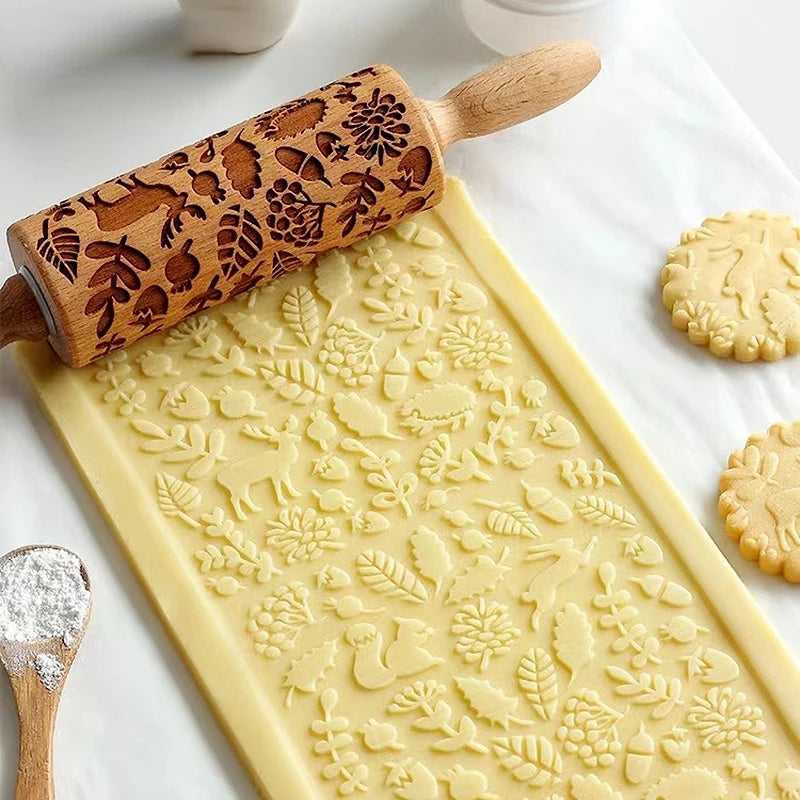 Christmas Wooden Embossing Rolling Pin - Festive Pattern