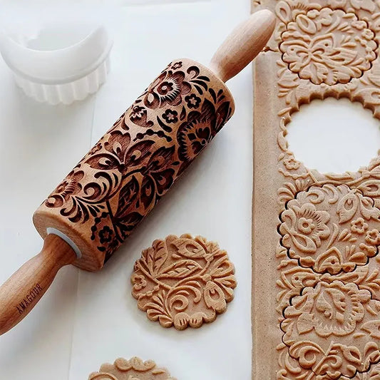 Christmas Wooden Embossing Rolling Pin - Festive Pattern